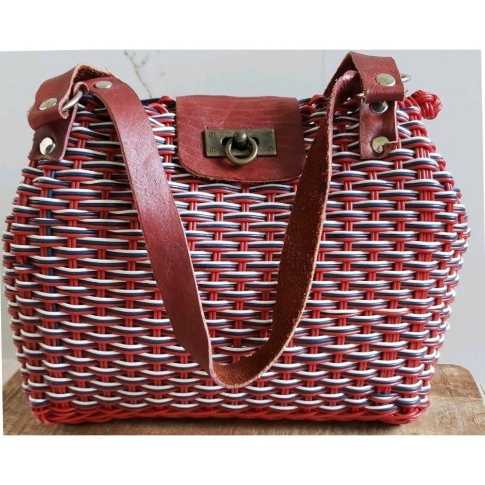 Handmade Mexican Market Tote Recycled Plastic Woven Basket Bag Red Leather Snap